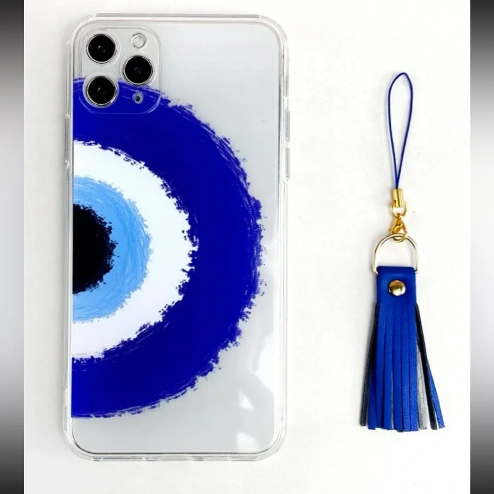 Transparent cell phone case with evil eye pattern with fringe